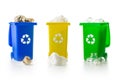 Recycling bins. Yellow green blue dustbin for recycle plastic paper and glass can trash isolated on white background. Container Royalty Free Stock Photo