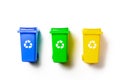 Recycling bins. Yellow, green, blue dustbin for recycle plastic, paper and glass can trash isolated on white background. Container Royalty Free Stock Photo