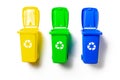 Recycling bins. Yellow, green, blue dustbin for recycle plastic, paper and glass can trash isolated on white background. Container Royalty Free Stock Photo