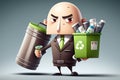 Recycling businessman Kawaii cartoon character business illustration reusing environment nature waste sorting bin production