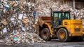 Recycling center with loader and massive pile of paper and cardboard for processing and waste management Royalty Free Stock Photo
