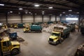 recycling center, with trucks coming and going to collect materials for recycling