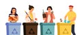 Recycling characters. Cartoon men and women putting trash in different containers, garbage sorting concept. Vector