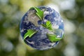 Recycling concept. Earth planet with green arrows and leaves on blurred background, illustration Royalty Free Stock Photo