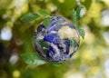 Recycling concept. Earth planet with green leaves on blurred background Royalty Free Stock Photo