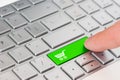 A finger press a green key with Shopping cart icon symbol on laptop keyboard. Royalty Free Stock Photo