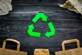 Recycling concept. Paper waste. Dark wooden background top view Royalty Free Stock Photo