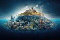 Recycling concept with planet earth floating in water. Mixed media, Environmental disaster concept. Plastic Island or Great Royalty Free Stock Photo