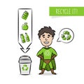 Recycling creative concept with cartoon character and dustbin Royalty Free Stock Photo