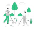 Recycling Ecology Protection Concept. Man and Woman Removing Trash from Ground Cleaning Earth Surface with Rakes