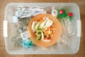 Recycling and ecology. Sorting segregating household waste paper, glass, plastic into contaner captured from above, flat lay. Royalty Free Stock Photo