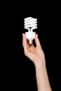 Recycling, electricity, environment and ecology concept - close up of hand holding energy saving lightbulb or lamp. Compact fluore