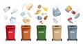 Recycling garbage cans. Cartoon recycling waste disposal containers, recycling waste disposal basket with different