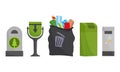 Recycling and garbage cans collection. City trashcan set with wheeled dumpster or trash container, recycle bins and Royalty Free Stock Photo