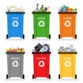 Recycling garbage cans trash separation isolated flat design icons set vector illustration