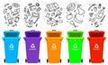 Recycling garbage elements. Bag or containers or cans for different trashes. Sorting and Utilize food waste. Ecology Royalty Free Stock Photo