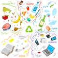 Recycling garbage elements. Sorting and Utilize food waste, metal, paper, plastic, battery, glass, organic. Ecology Royalty Free Stock Photo