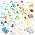 Recycling garbage elements. Sorting and Utilize food waste, metal, paper, plastic, battery, glass, organic. Ecology Royalty Free Stock Photo