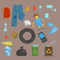 Recycling garbage elements trash bags tires management industry utilize concept and waste ecology can bottle recycling Royalty Free Stock Photo