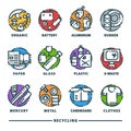 Recycling garbage elements trash bags tires management industry utilize waste can vector icons illustration. Royalty Free Stock Photo