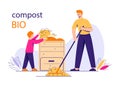 Recycling of garden waste. The father rakes the foliage, the son puts it in the compost bin. Composting concept. Vector Royalty Free Stock Photo