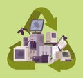 Recycling green symbol for electronic appliances waste trash pile Royalty Free Stock Photo
