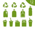 Recycling icons including cardboard and plastic beverage packaging. Set of 12 pictograms in green silhouette. Waste sorting and