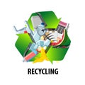 Recycling label with different types of waste. Reduce pollution sign.