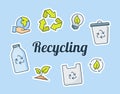 Recycling lettering around icons package blue isolated background with modern flat color cartoon style Royalty Free Stock Photo