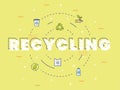 Recycling lettering around set icons package yellow isolated background with modern flat color cartoon style Royalty Free Stock Photo