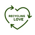 Recycling love, heart shape green arrows, recycle vector icon Royalty Free Stock Photo