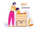 Recycling of organic kitchen and garden waste. A young woman puts garbage in the compost bin. Composting concept. Vector Royalty Free Stock Photo