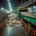 Recycling plant scene Conveyor belt with a pile of waste Royalty Free Stock Photo