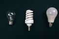 Recycling, reuse, reduce concept. Protect an environment. Single-use different light bulbs in the row on dark background