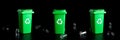 Recycling set bins. Green dustbin for recycle plastic, paper and glass can trash isolated on black background. Container Royalty Free Stock Photo