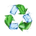 Recycling sign made of water splashes with green leaves Royalty Free Stock Photo