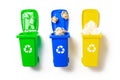 Recycling sorting. Bin container for disposal garbage waste and save environment. Yellow, green, blue dustbin for recycle plastic Royalty Free Stock Photo