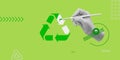 Recycling, sustainability concept. A hand with a paintbrush paints a recycling sign in green. Minimalist collage