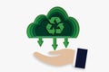 Recycling, sustainable and environment friendly business, CSR and ESG concept. Green paper cut of cloud and recycle sign over