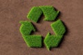 Recycling symbol made from grass on brown soil background, ecology, environment or recycling concept