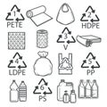 Recycling symbols, plastic packaging or wrapping isolated icons