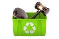 Recycling trash can with wooden gavel. 3D rendering