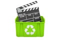 Recycling trashcan with film clapperboard, 3D rendering