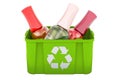 Recycling trashcan with nail enamel polish bottles, 3D rendering Royalty Free Stock Photo