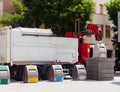 Recycling truck picking up bin at city Royalty Free Stock Photo