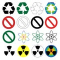Recycling, warning, danger and science symbols.