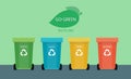 Recycling and Waste sorting concept. Set of trash bins with sorted garbage. Various kinds of trash plastic, glass, paper