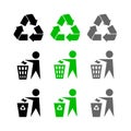 Recycling waste utilization icons set. No littering sign in black, green and gray colors, isolated on white background