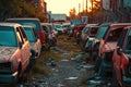 Recycling of wrecked automobile used car parts. A pile of abandoned cars on junkyard