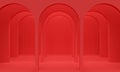 Red abstract background with a row of arches and upper light. 3d rendering